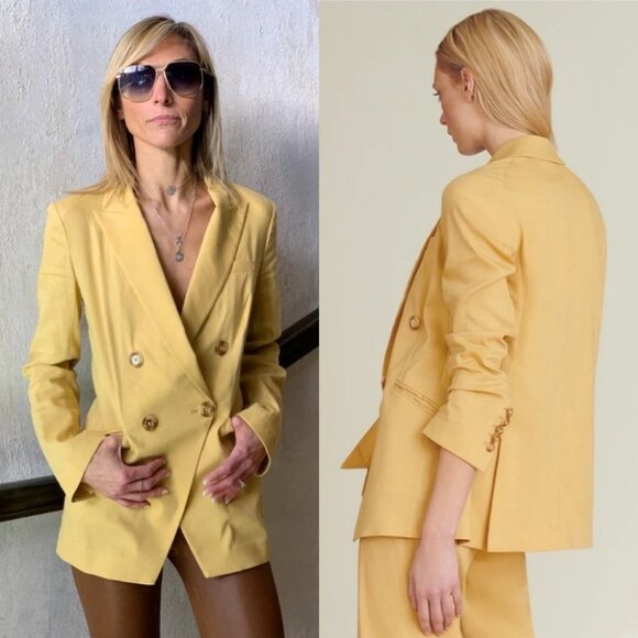 NEW Veronica Beard Double Breasted Linen Blazer Jacket Yellow Boyfriend Size‎ 8 - Picture 2 of 15